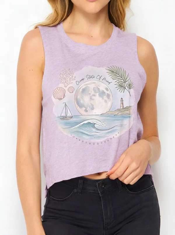Women's Beach Lover Ocean State Of Mind Moon Printed Tank Top