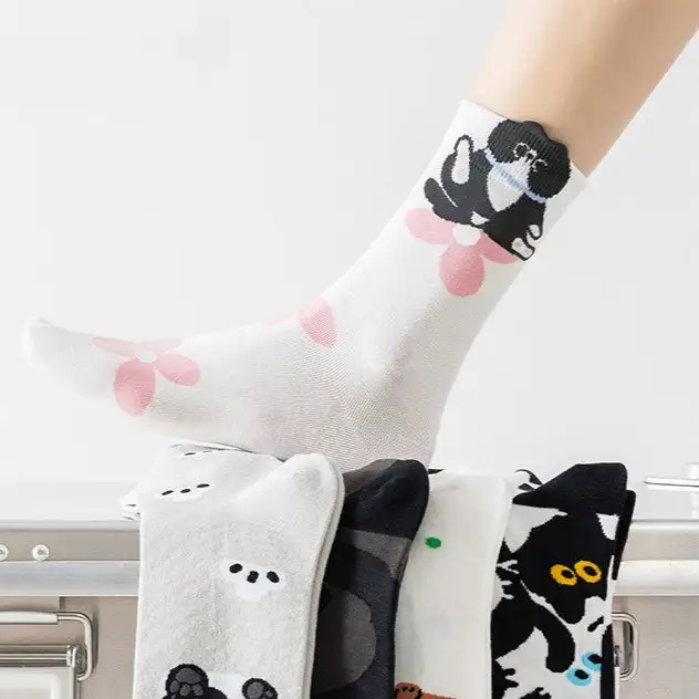 Playful Cat Floral Crew Socks