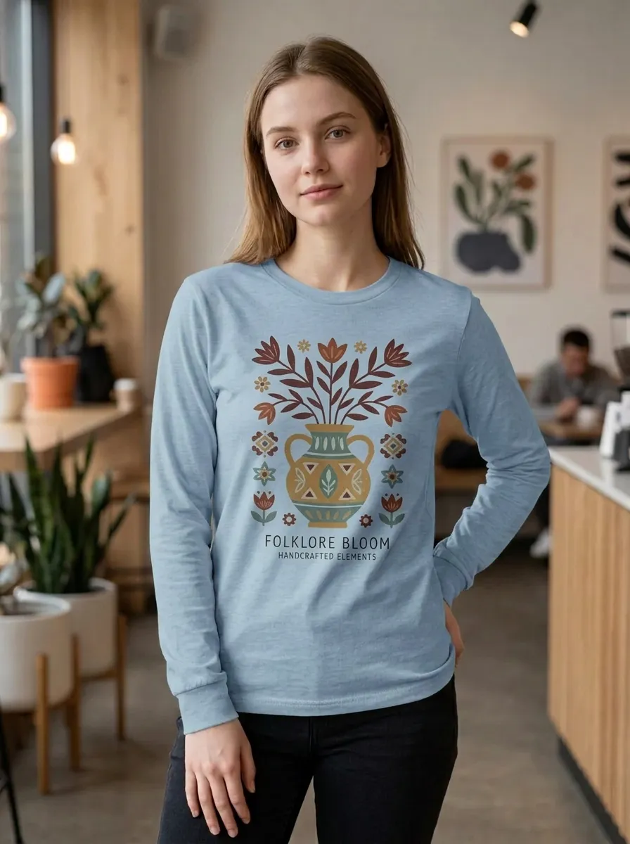 Women's Folklore Floral Vase Folk Art Printed Long Sleeve T-shirt
