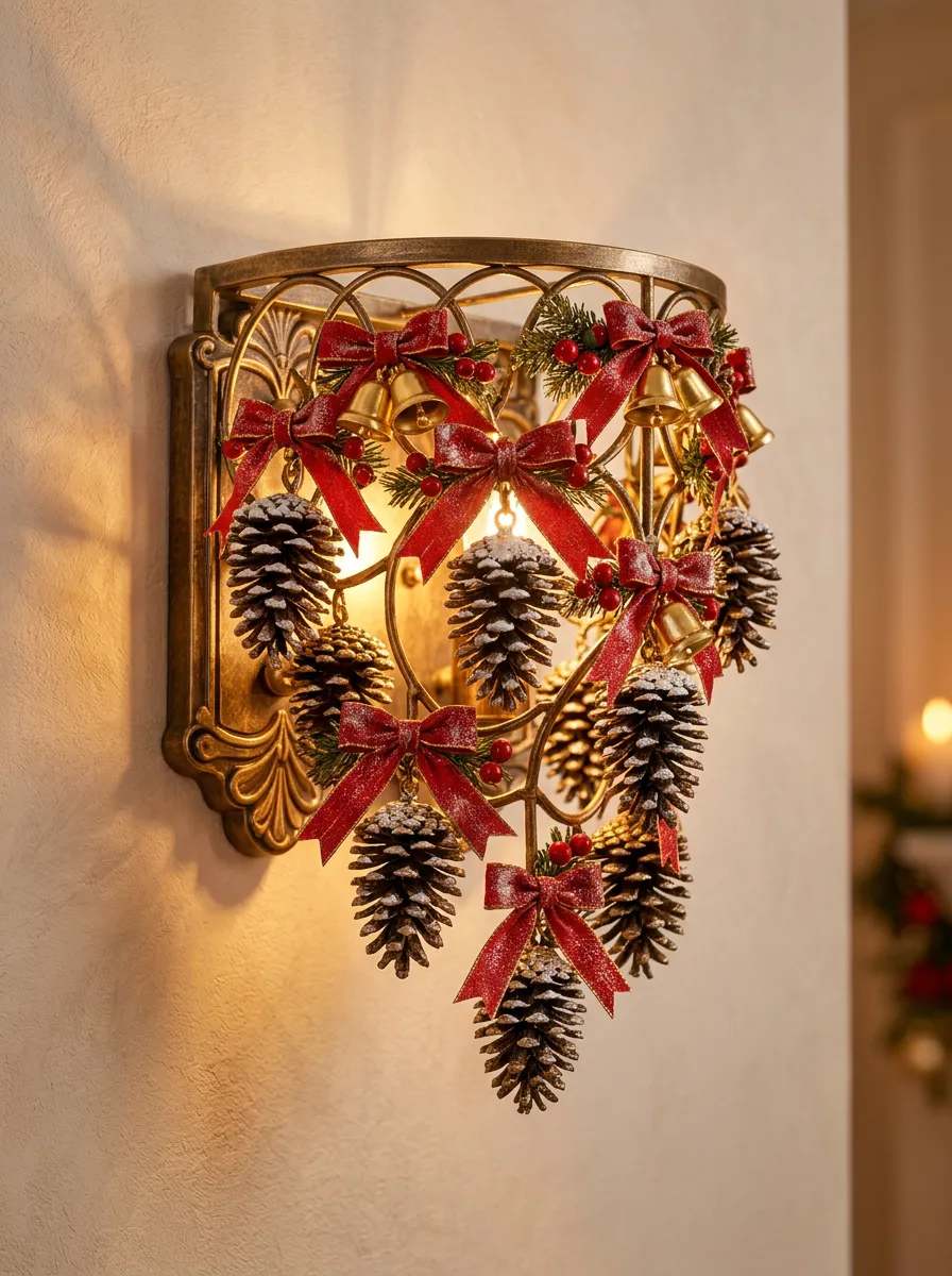 Pinecone Bell Bow Christmas Wall Light