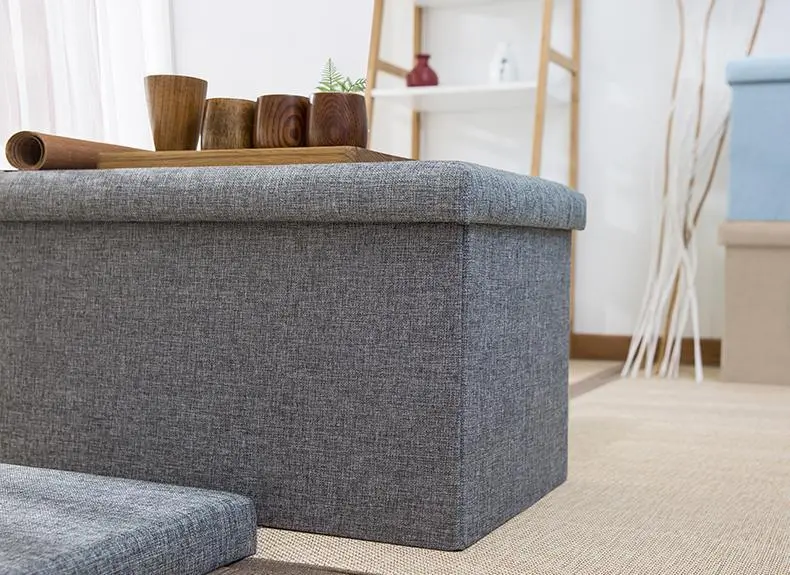 Lidded Rectangular Fabric Linen Ottoman Laundry Hamper