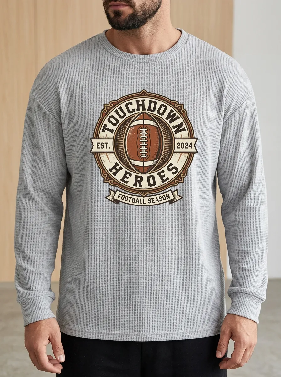 Men's American Football Touchdown Heroes Vintage Printed Waffle Long Sleeve T-Shirt