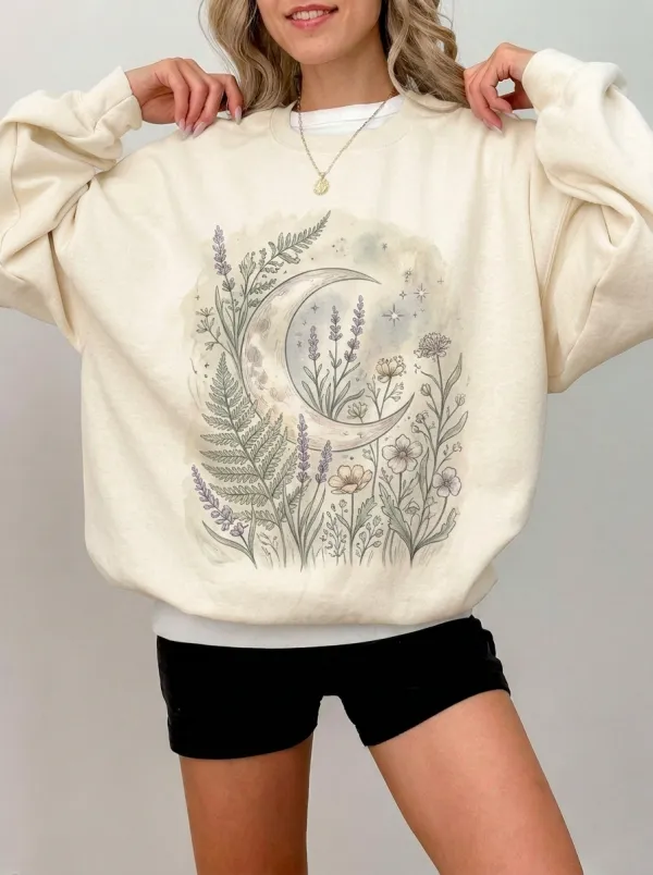 Women's Celestial Botanical Moon Floral Printed Sweatshirt