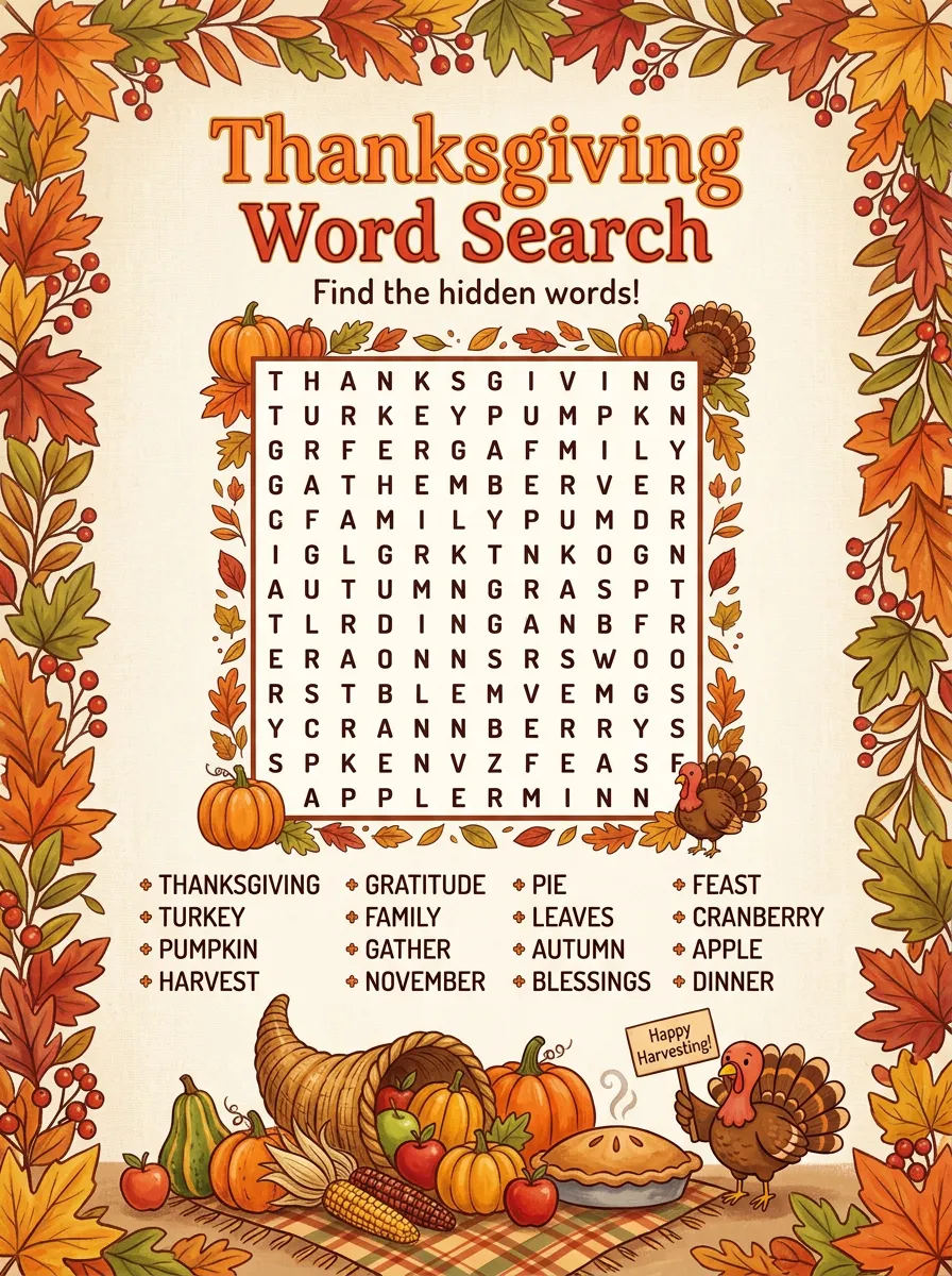 Kids Thanksgiving Harvest Word Search Activity Poster