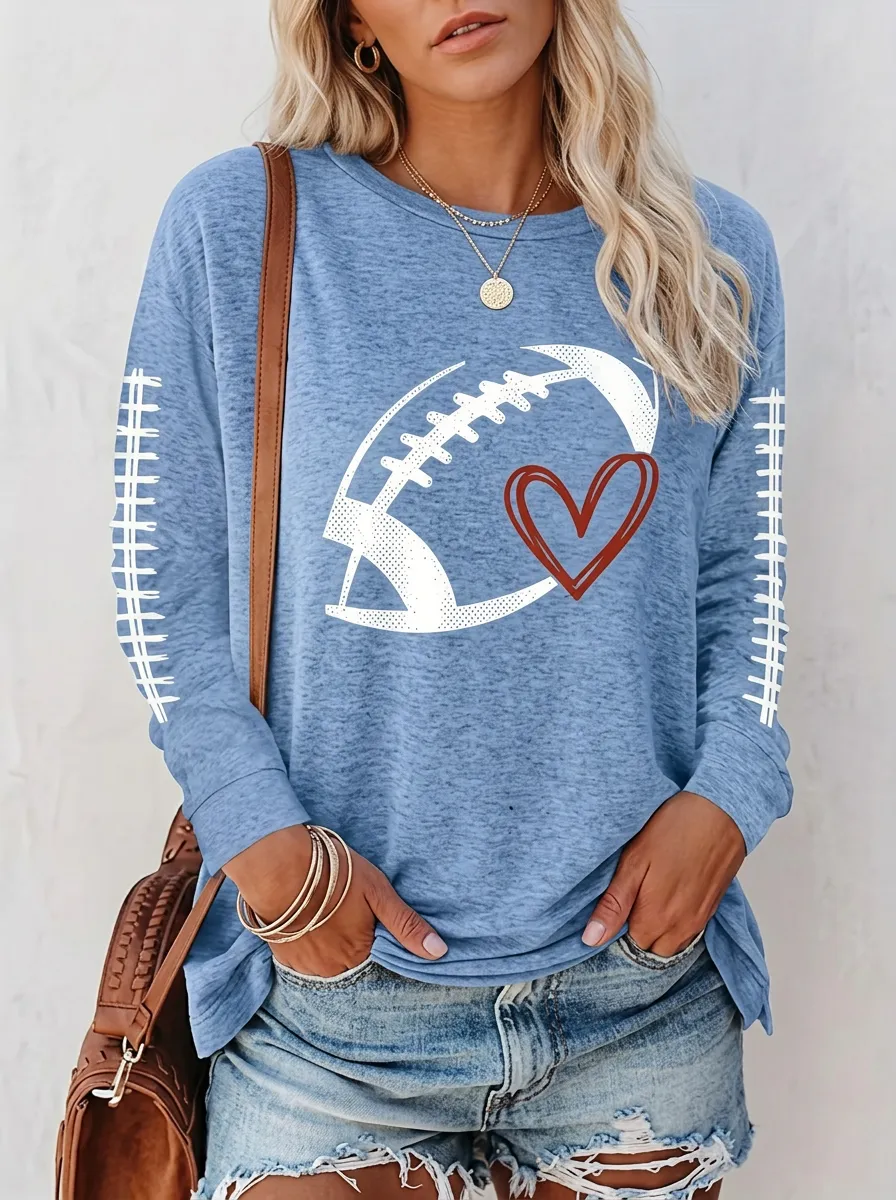 Women's Bold Gridiron Heart Ball Love Crewneck Long Sleeve T-Shirt