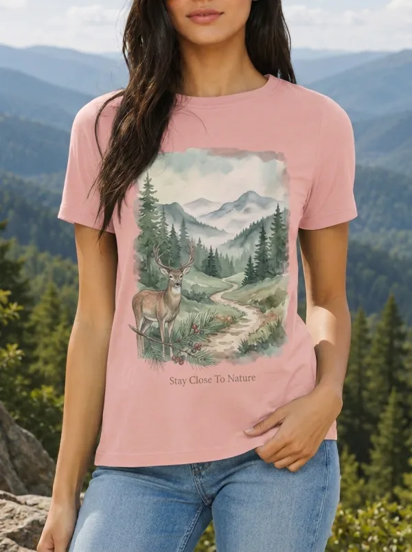 Women's Nature Lover Deer Forest Mountain Printed T-shirt