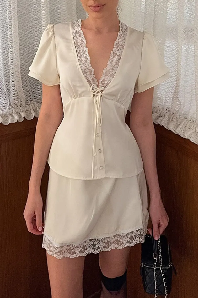 Relaxed Lace Satin V Neck Set