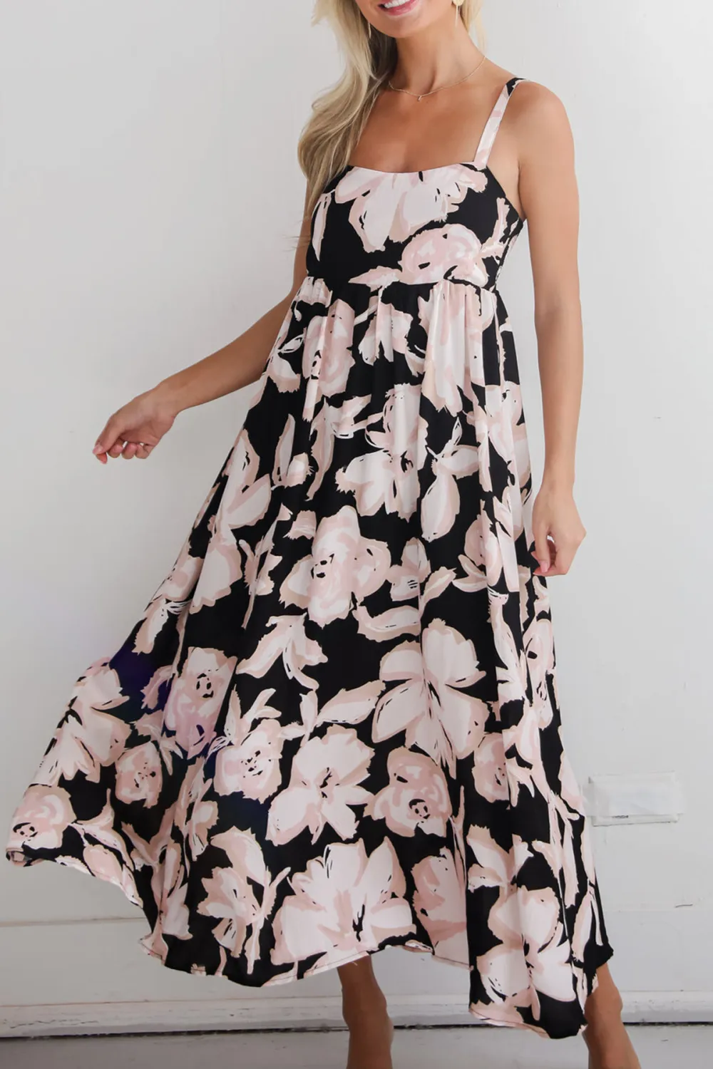 Black Strapless Floral Midi Dress