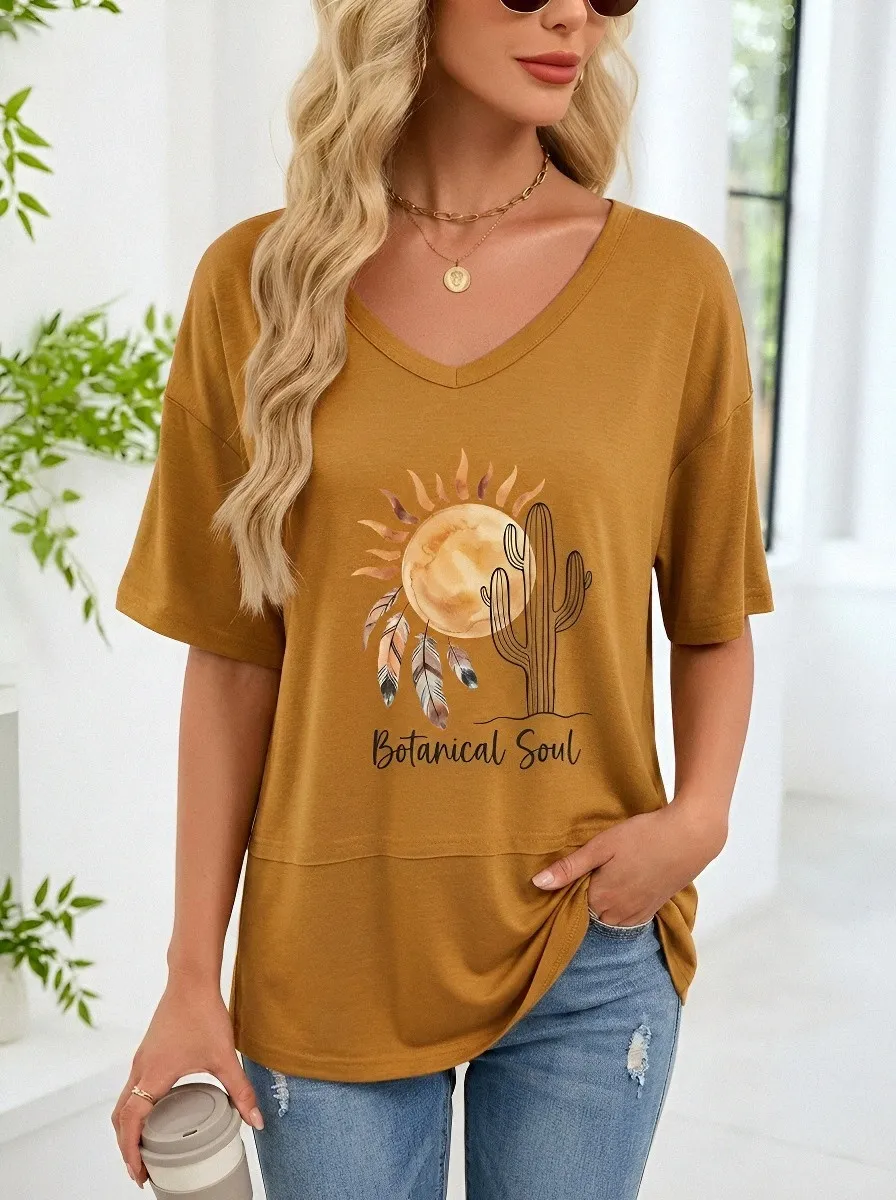 Women's Botanical Soul Cactus Sun Feather Printed V-neck T-shirt