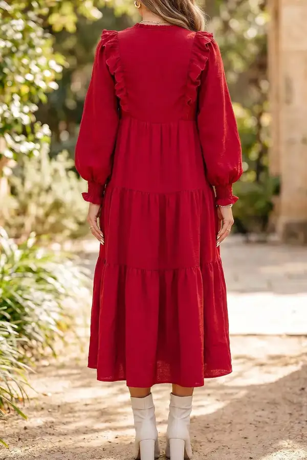 Solid Ruffle Trim Long Sleeve Tiered Shift Midi Dress