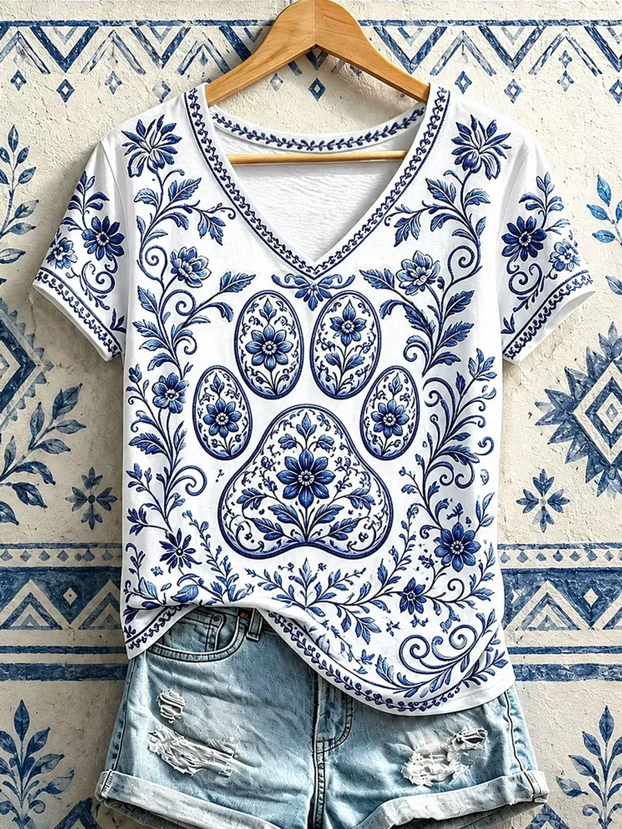Women'S Retro Animal Paw Print Floral Art Print V-Neck Short Sleeve T-Shirt
