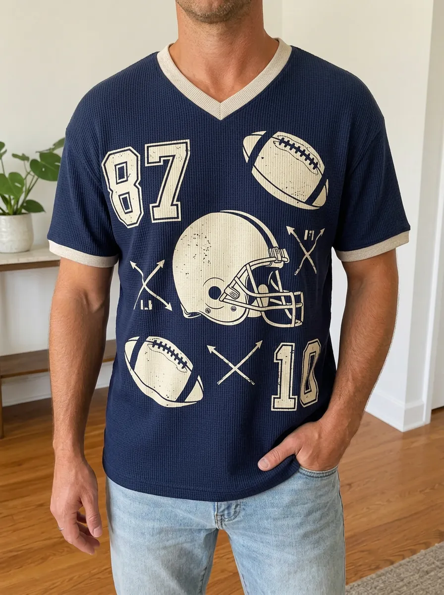 Men's American Football Helmet Number Printed Waffle Knit Top