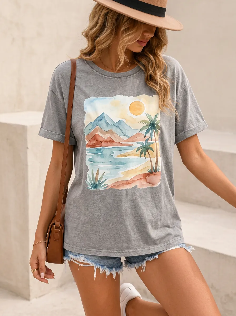 Women's Watercolor Beach Landscape Printed T-Shirt