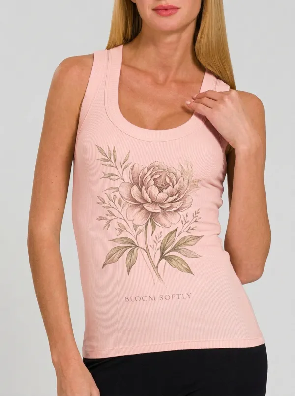 Women's Floral Lover Peony Bloom Softly Printed Ribbed Tank Top