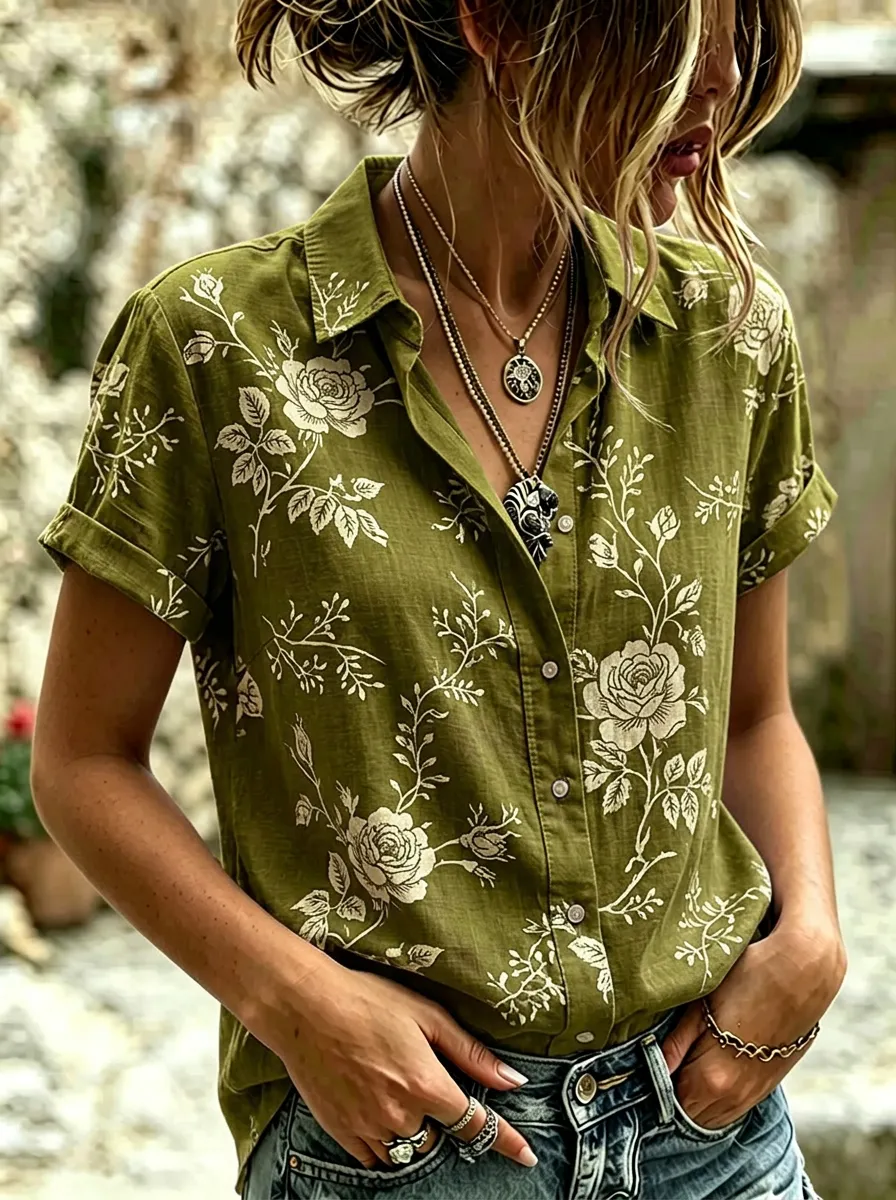 Women's Floral Botanical Rose Printed Short Sleeve Shirt