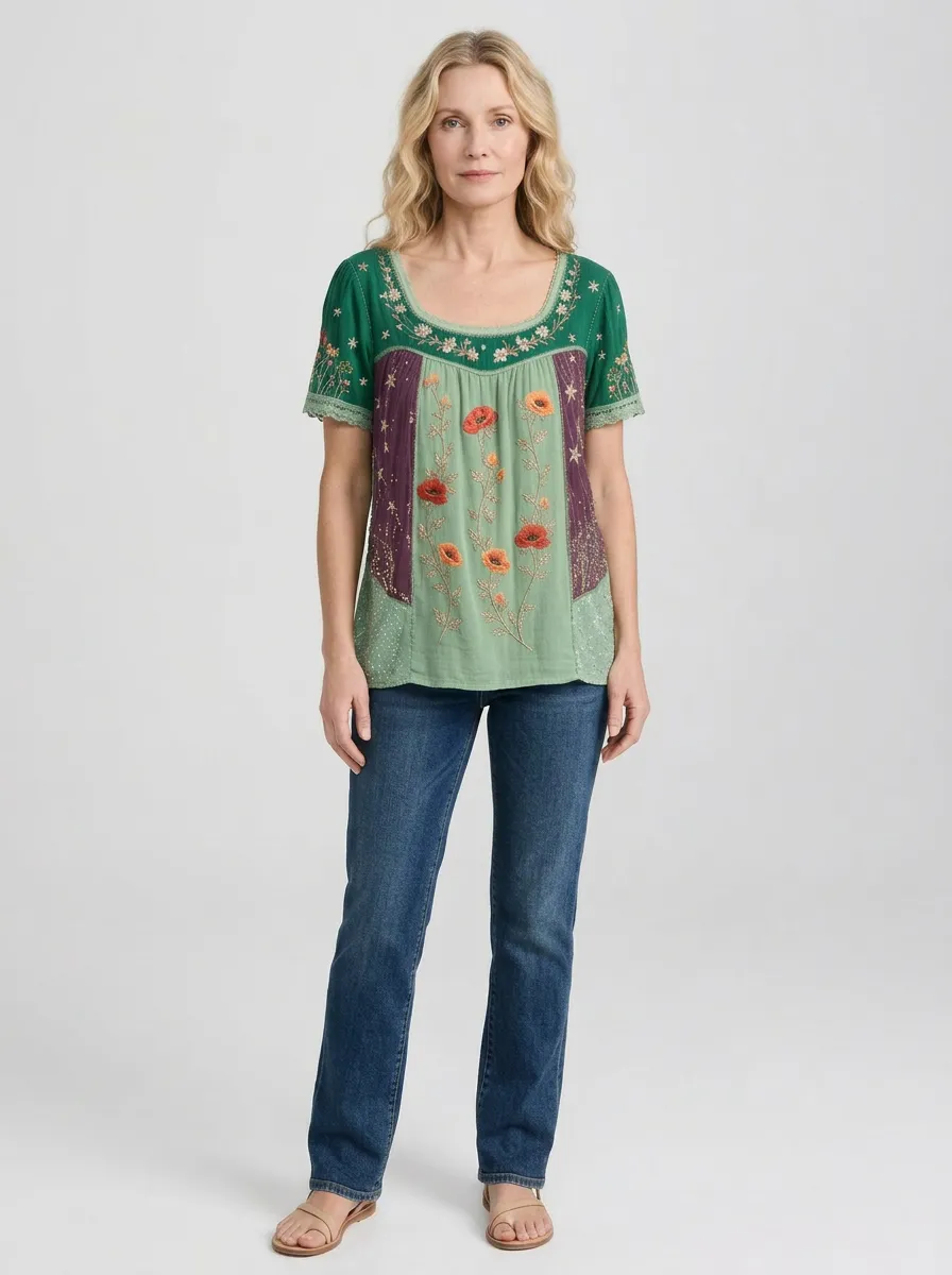 Women's Boho Floral Poppy Star Embroidered Printed Short Sleeve T-shirt
