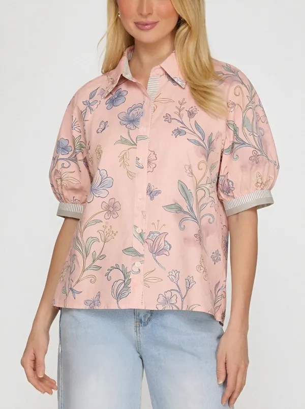 Women's Floral Butterfly Botanical Printed Puff Sleeve Shirt