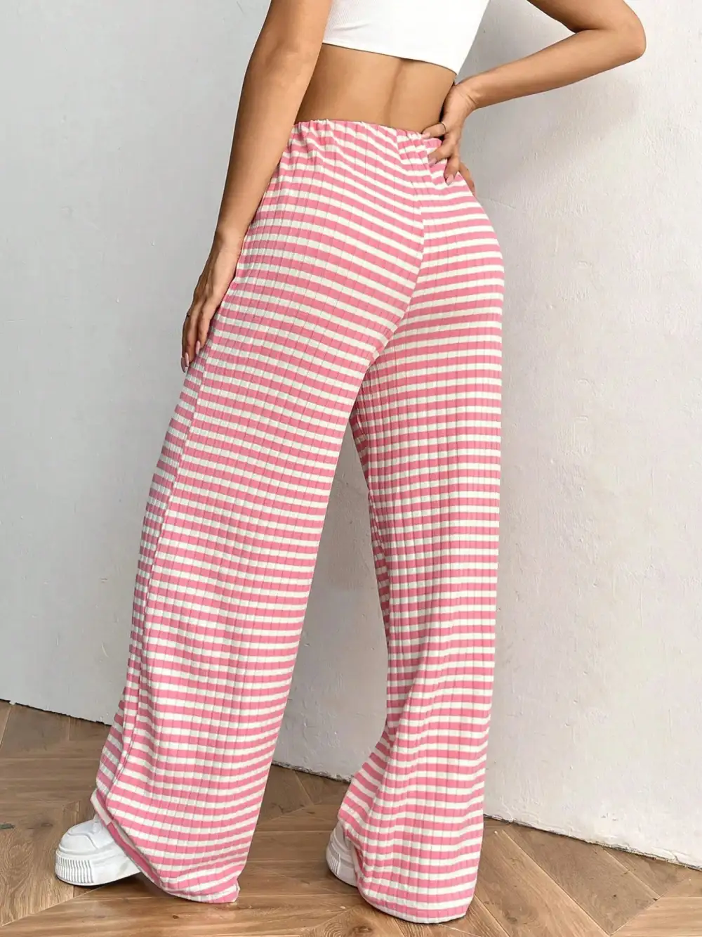 Wide Leg Drawstring Striped Casual Pants