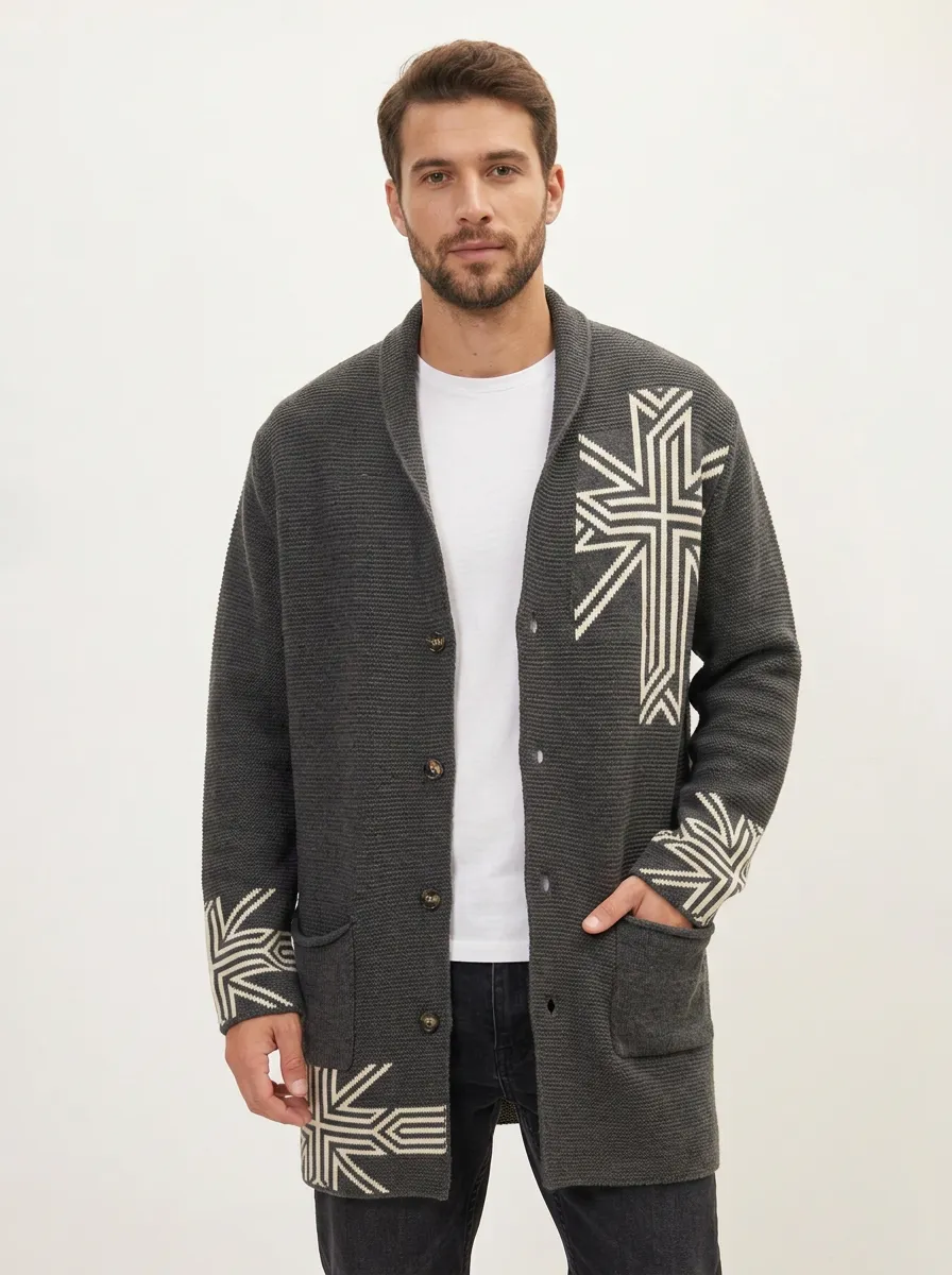 Men's Religious Faith Geometric Cross Printed Cardigan