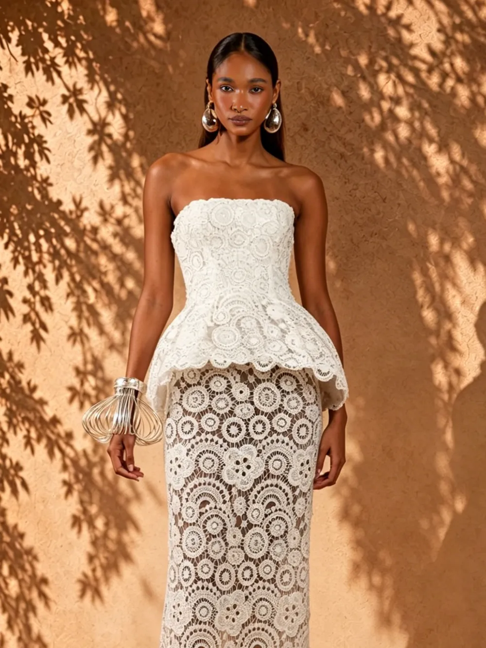 Noemi White Strapless Lace Elegant Maxi Dress