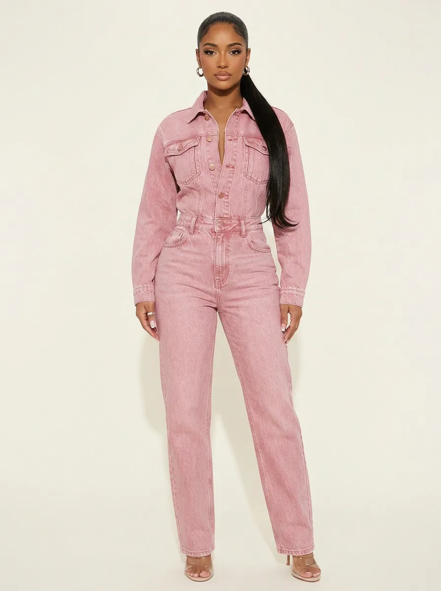 Pink Long-Sleeve Button-Front Denim Jumpsuit