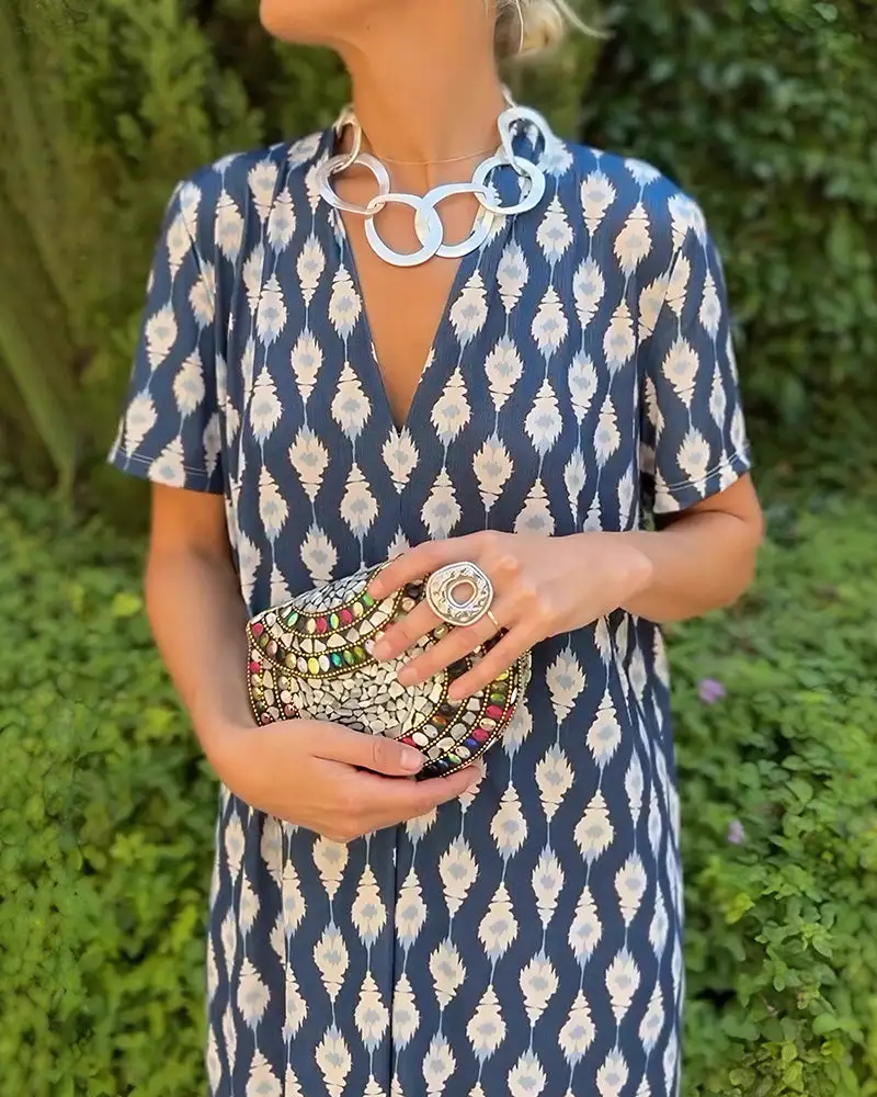 Boho V-Neck Printed Midi Dress