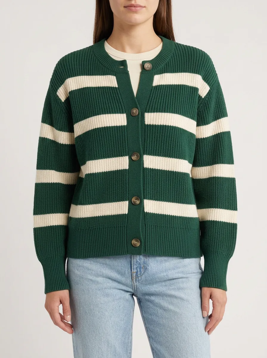 Cable Knit Rugby Striped Knit Cardigan