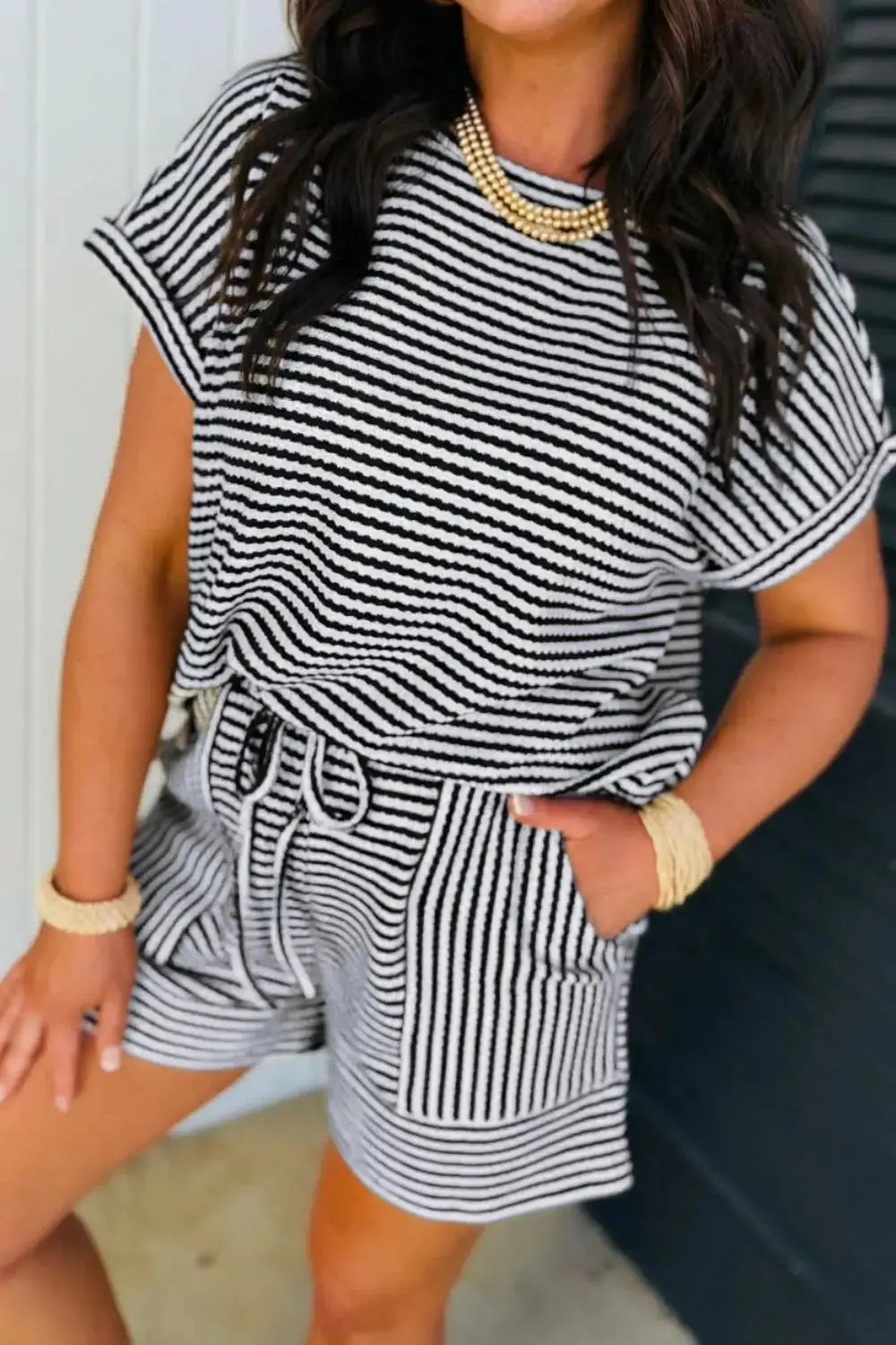 Drawstring Pocketed Knit Striped Tee and Shorts Matching Set