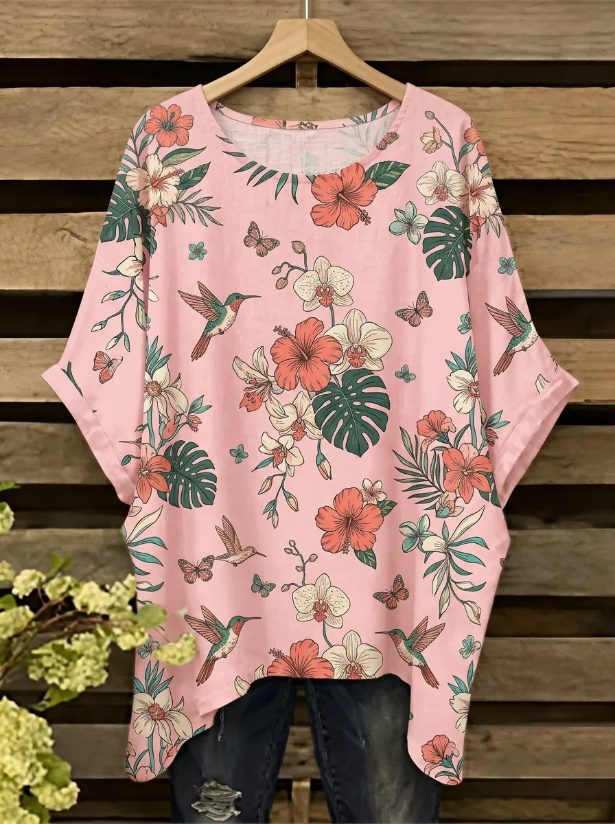 Hummingbird Hibiscus Women's Loose Printed T-Shirt