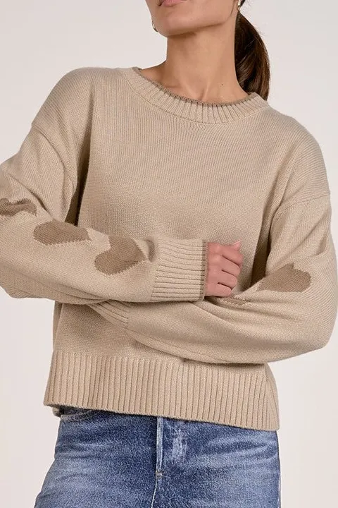 Beige Heart Pattern Crewneck Sweater