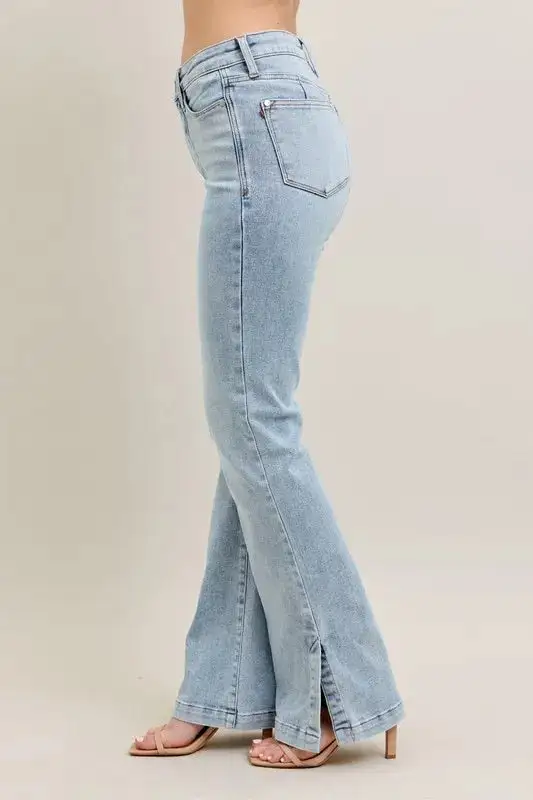 Full Size Tummy Control Vintage Wash Side Slit Slim Boot Jeans Plus Size