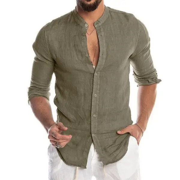 Men's Linen Shirt With Stand-up Collar Continuous Button Placket And Casual Slim-Fit Cut