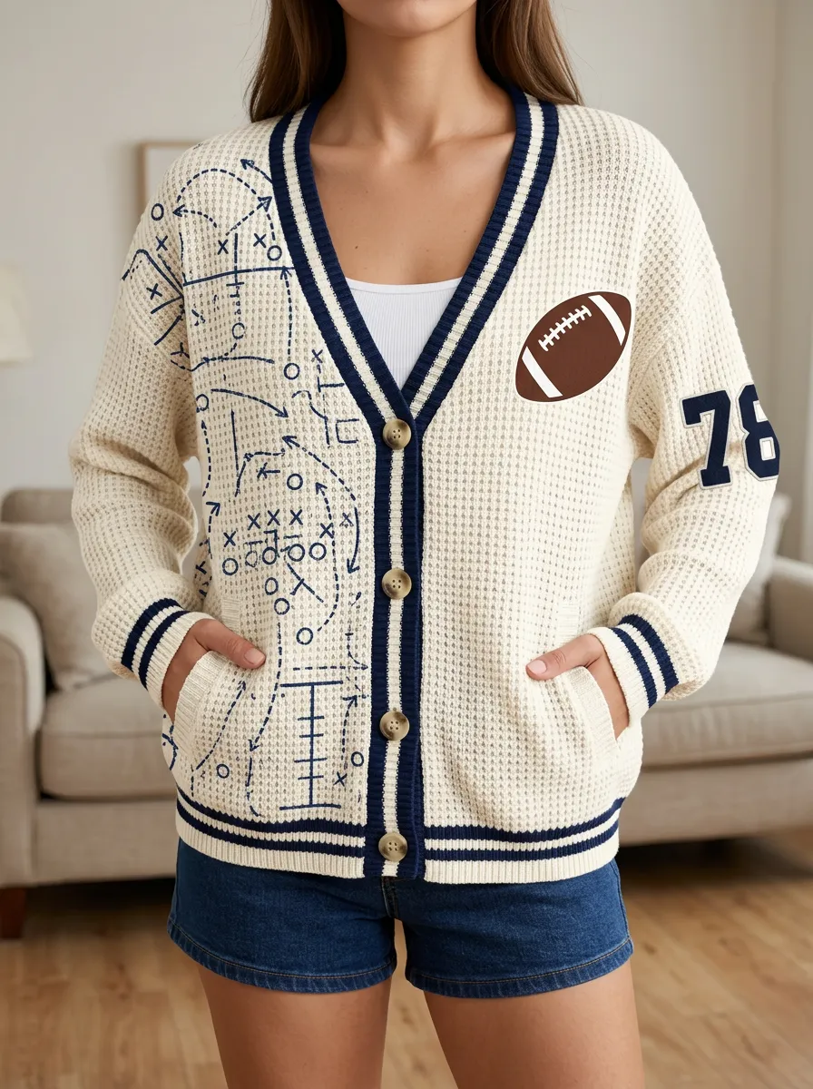 Women's Game Day Football Fan Playbook Printed Waffle Knit Cardigan