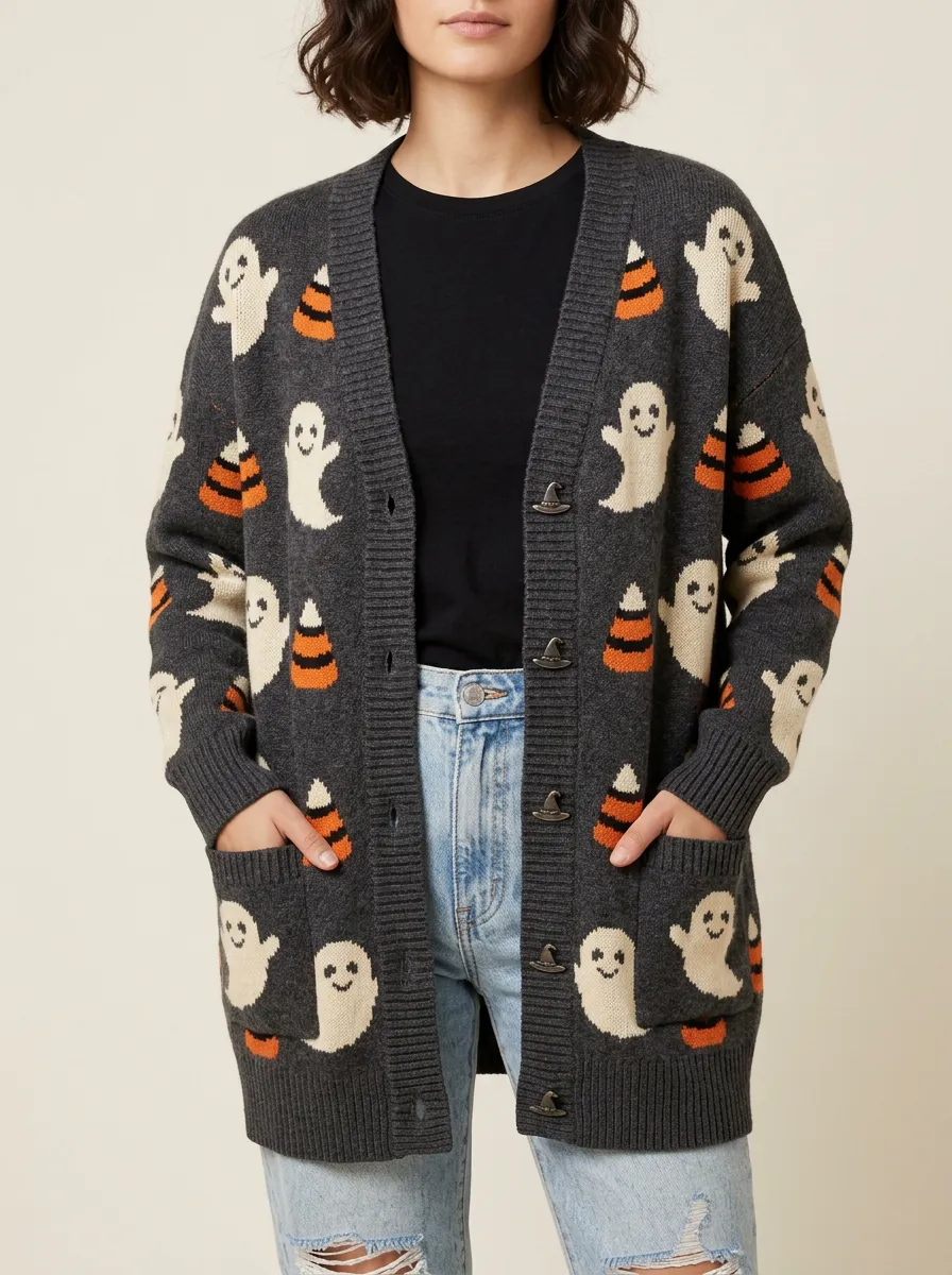 Women's Halloween Ghost Candy Corn Patterned Knit Cardigan