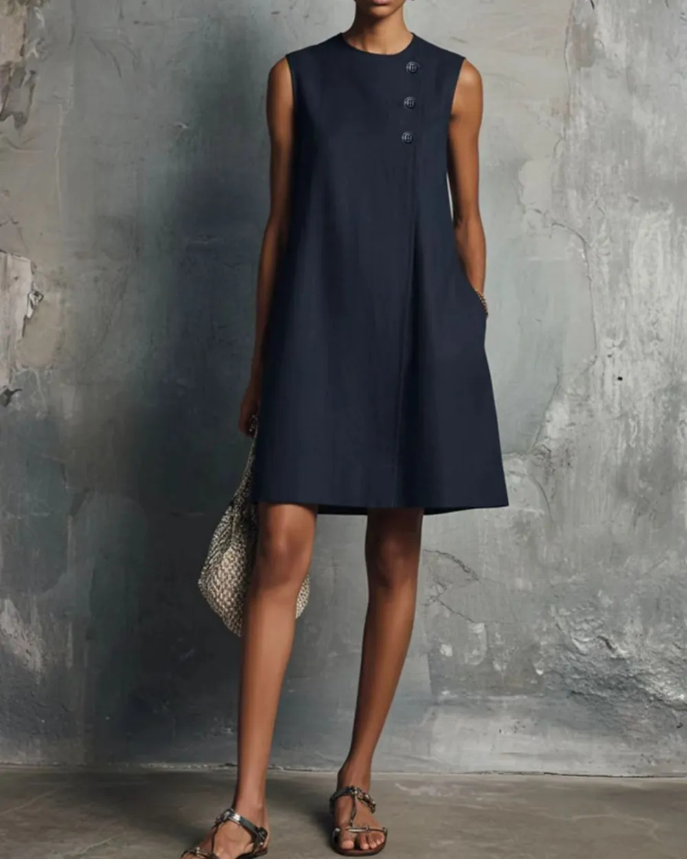 Commuter Round Neck Buttons Mini Dress