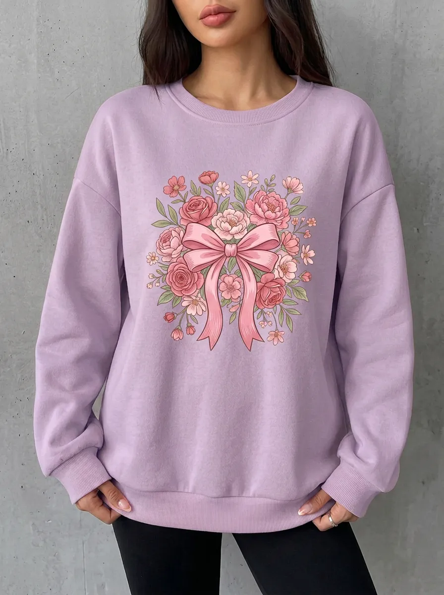 Women's Breast Cancer Awareness Floral Bow Printed Sweatshirt