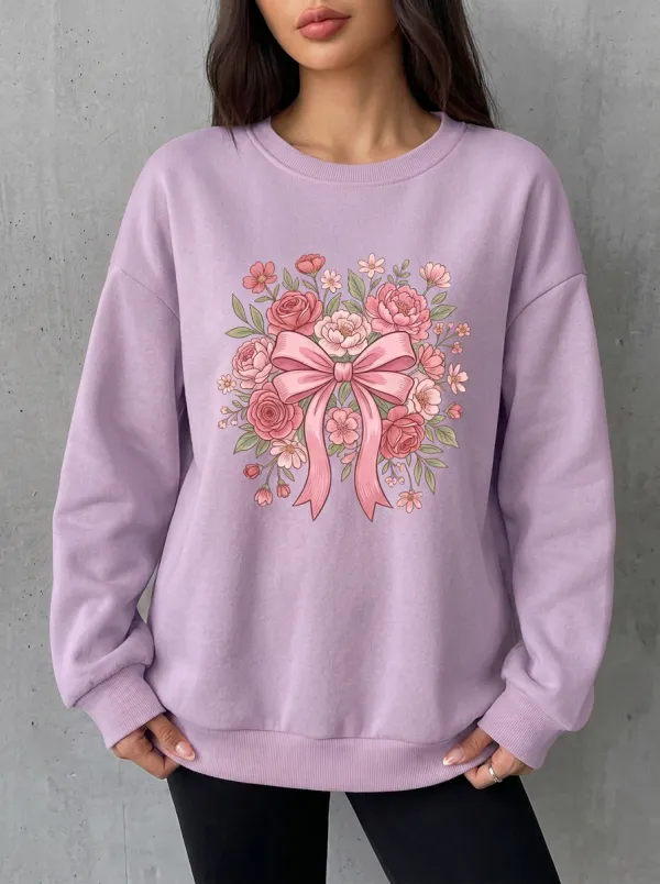 Women's Breast Cancer Awareness Floral Bow Printed Sweatshirt