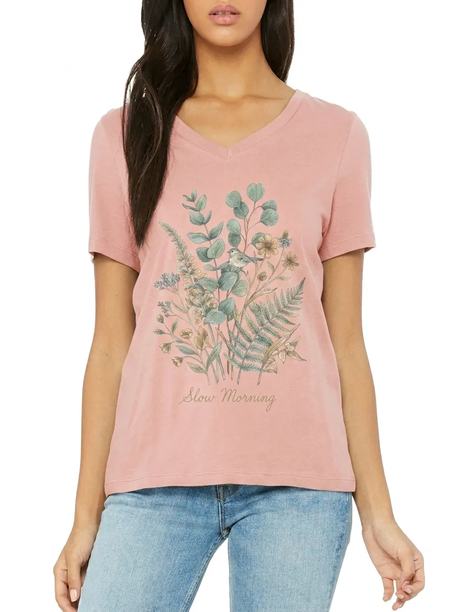 Women's Nature Lover Slow Morning Bird Floral Printed V-neck T-shirt