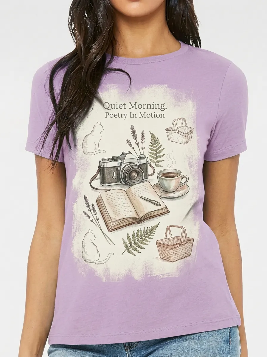 Women's Aesthetic Poetry Camera Cat Coffee Printed T-shirt