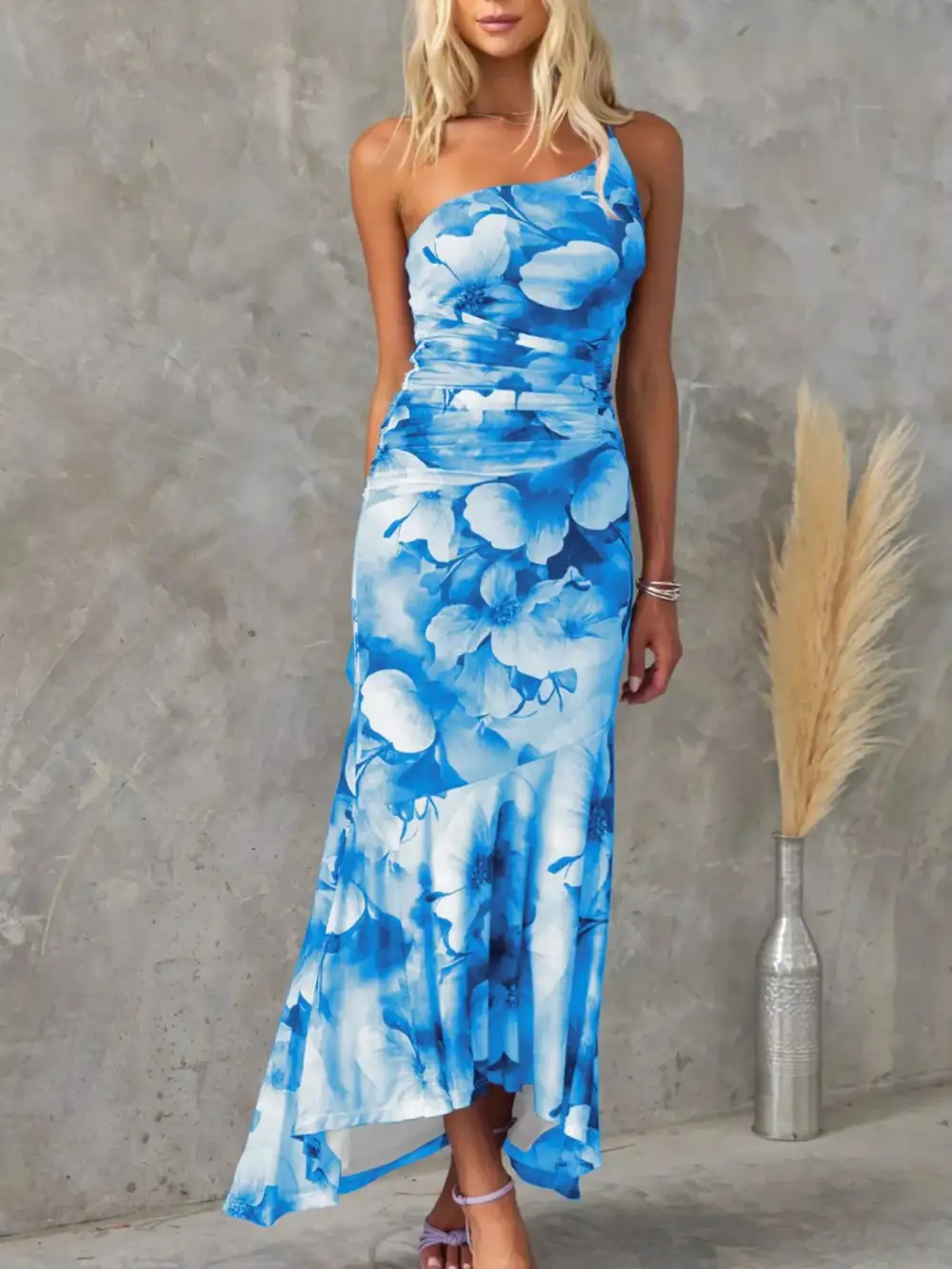 Ruched One-Shoulder Floral Maxi Dress