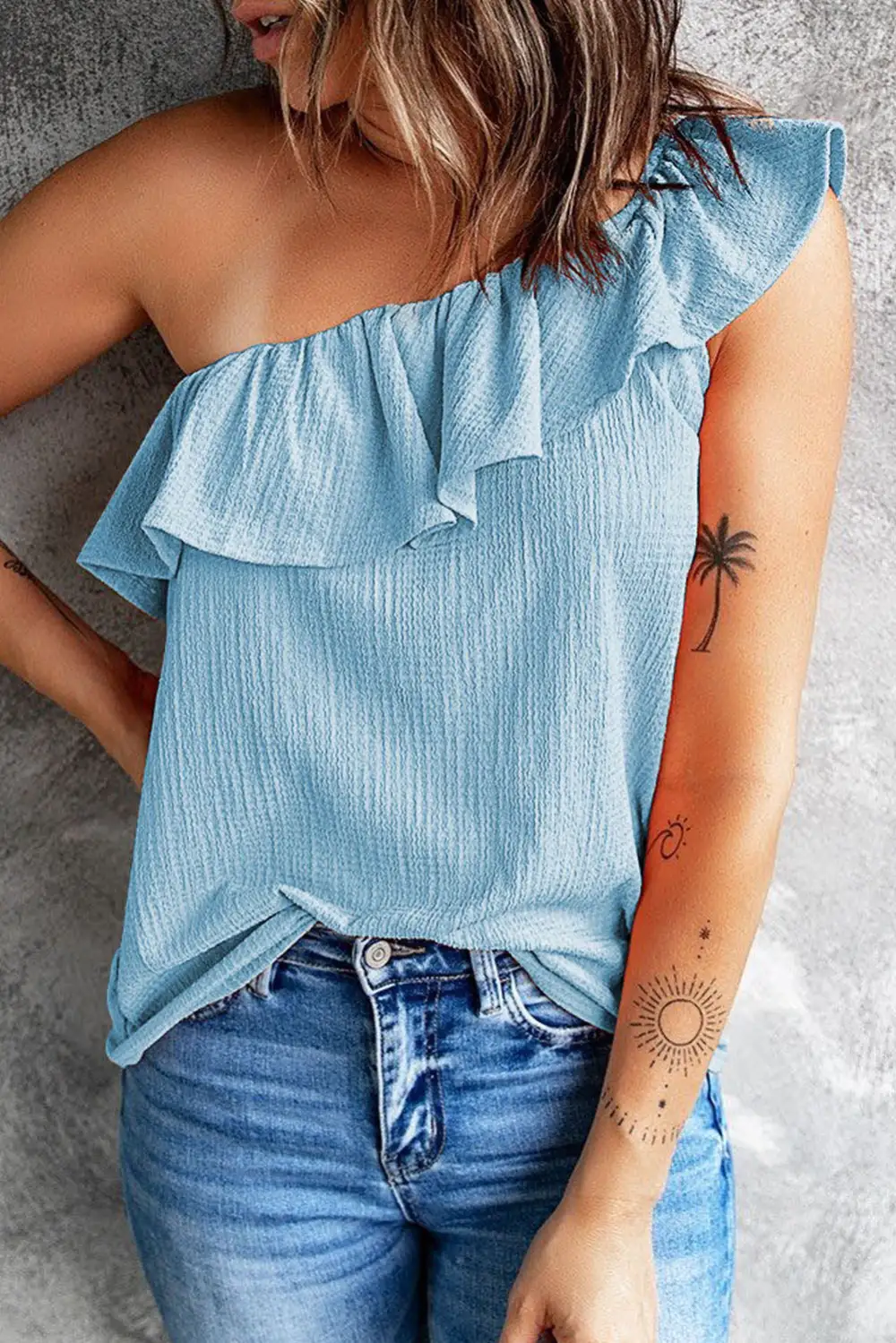 Openwork Ruffle One Shoulder Crinkle Tank Top