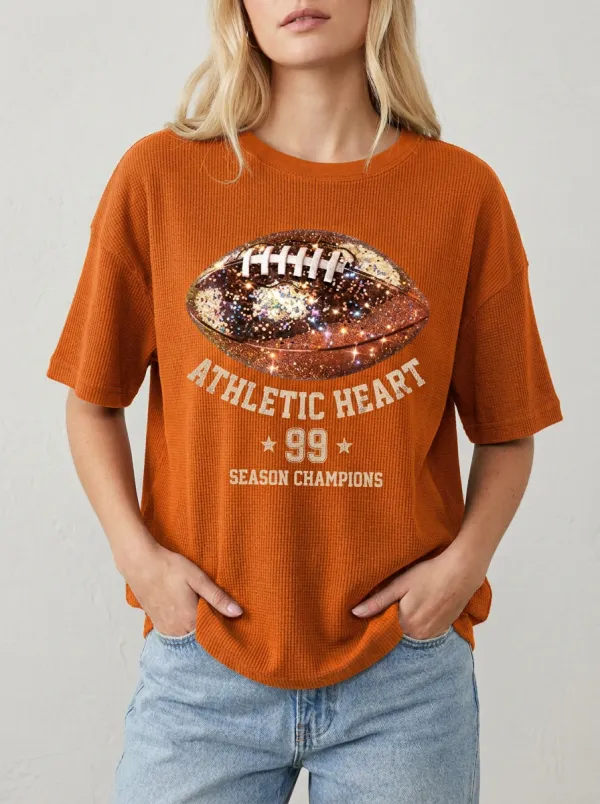 Women's Football Lover Athletic Heart 99 Glitter Printed T-shirt