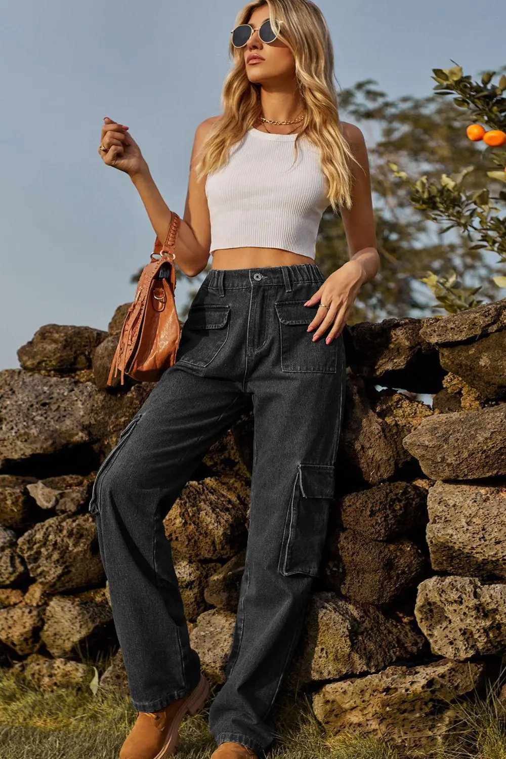 Loose Fit Long Pocket Detail Denim Jeans