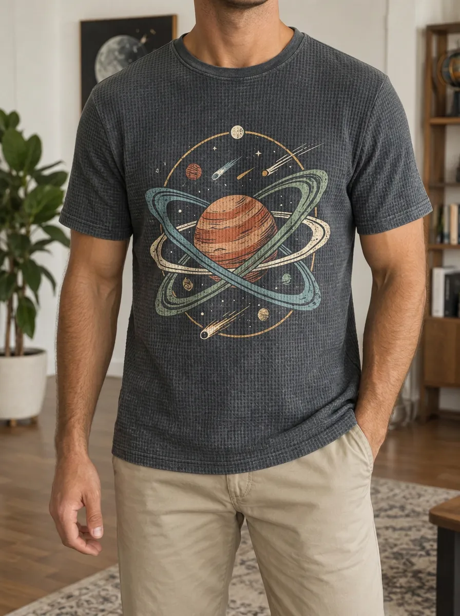 Men's Space Astronomy Lover Saturn Planet Modern Crew Neck T-Shirt