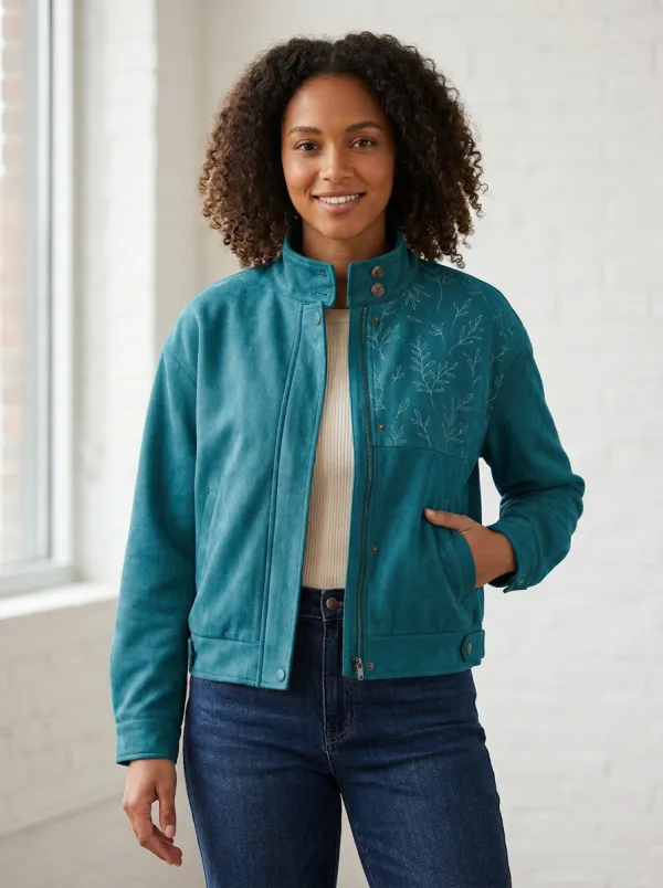 Women's Botanical Line-Art Pattern Suede Jacket