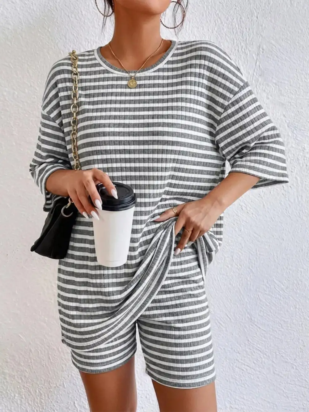 Striped Round Neck Top Shorts Set