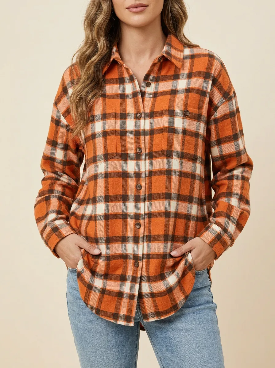 Layered Printed Plaid Checkered Plaid Long-Sleeve Shirt