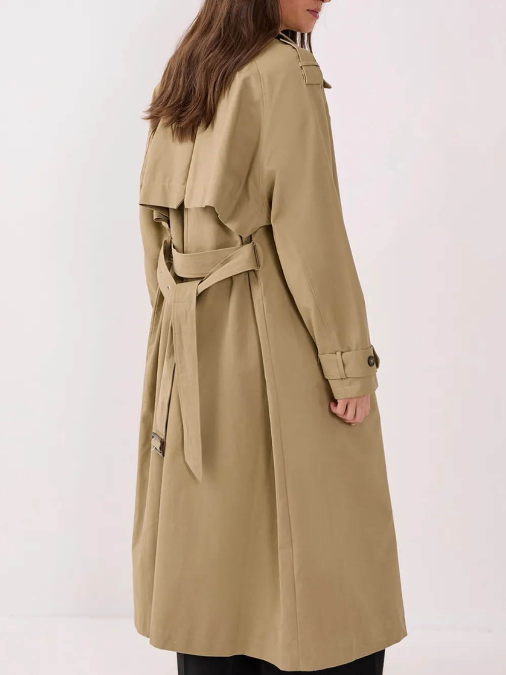 Women's Khaki Double-Breasted Long Trench Coat