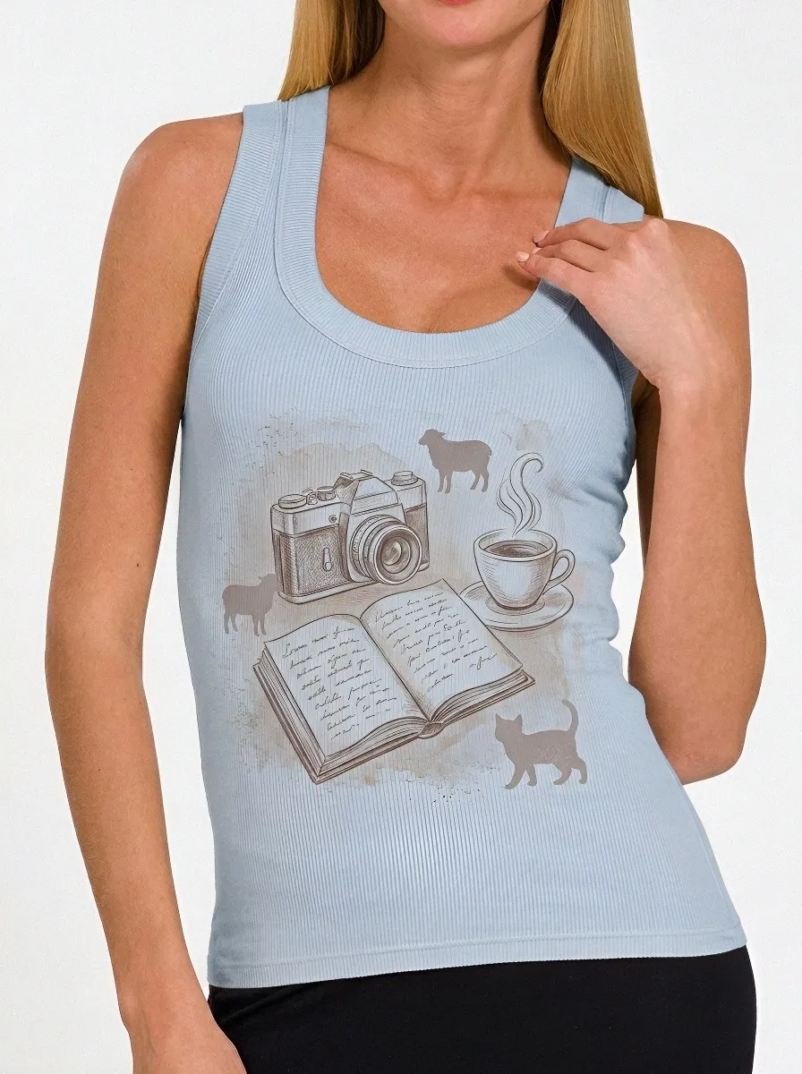 Women's Photography Book Coffee Cat Printed Tank Top