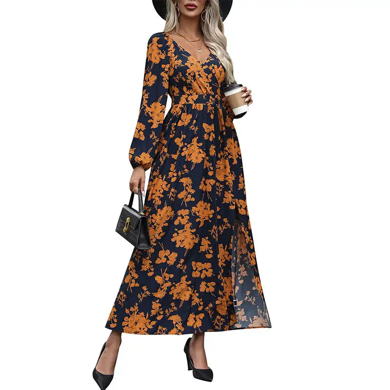 Women's V-Neck Floral Ruffled Bridal Maxi Dress